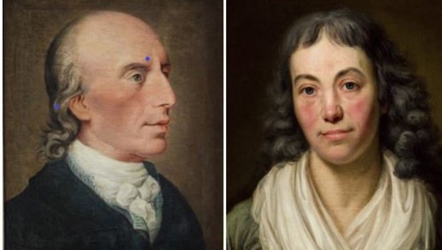 Abbildung zweier Ölgemälde. Links ein Portrait von Johann Voß, rechts ein Portrait von Ernestine Voß